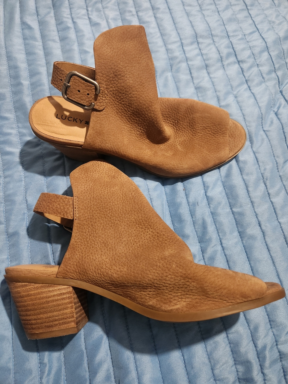 Lucky Brand Tan Suede Slingback Block Heel Peep-Toe Sandals